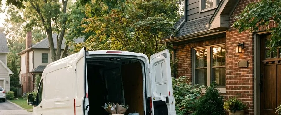 An unmarked flower delivery van beside a wrapped bouquet left on a porch step at dawn.
