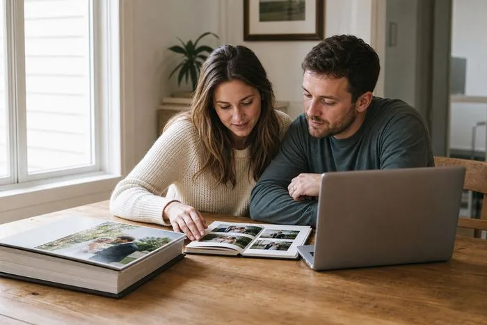 Couple comparing wedding photo albums and digital photographs at a table.