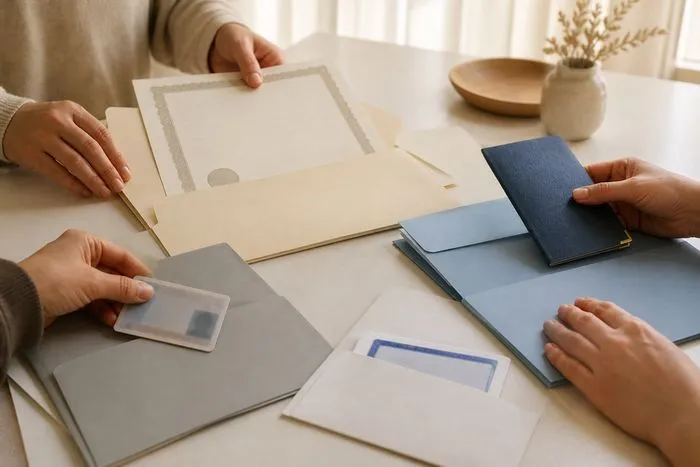 Documents and identification folders arranged for a post-marriage name change.