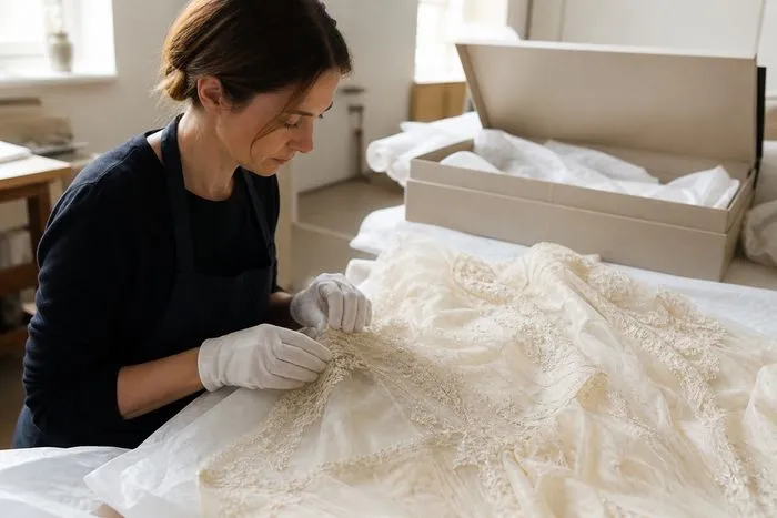 Conservator inspecting lace and beadwork on a wedding gown before preservation.