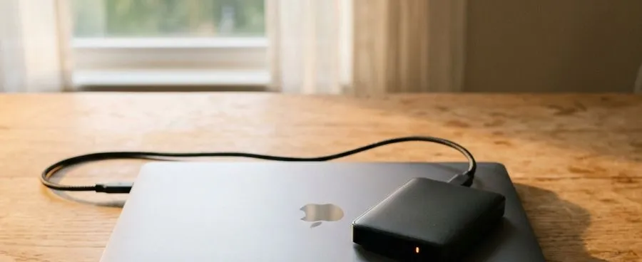A laptop with a connected backup drive on a desk, an unopened wedding invitation at the edge of the frame