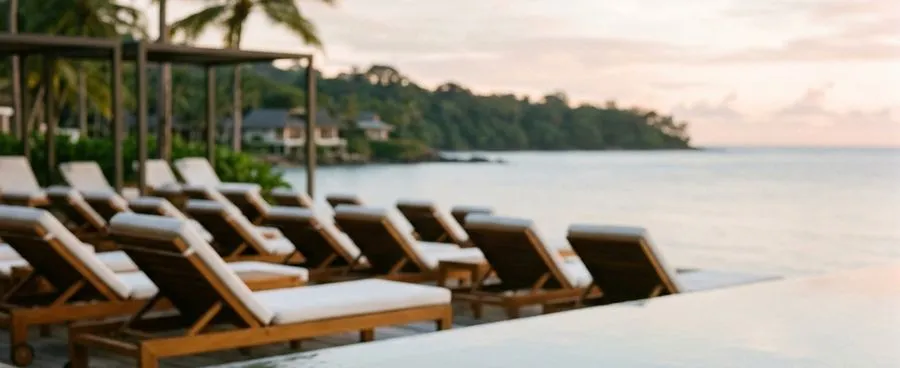 Room-service tray beside a quiet resort pool at sunrise, showing what a bundled all-inclusive rate covers.