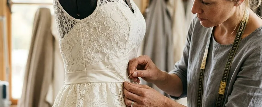 A seamstress pinning the waistline of a wedding gown on a dress form during a fitting
