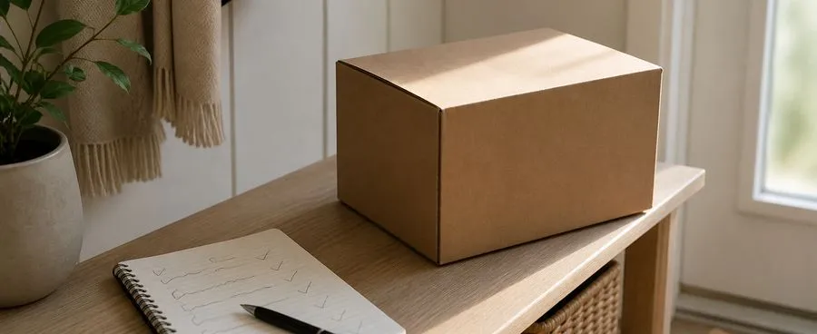 A closed shipping box beside a notebook page with a handwritten, partly checked-off gift list.