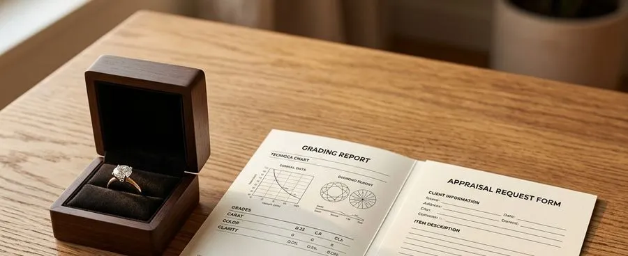 An engagement ring, its grading report, and a blank appraisal request form on a desk.
