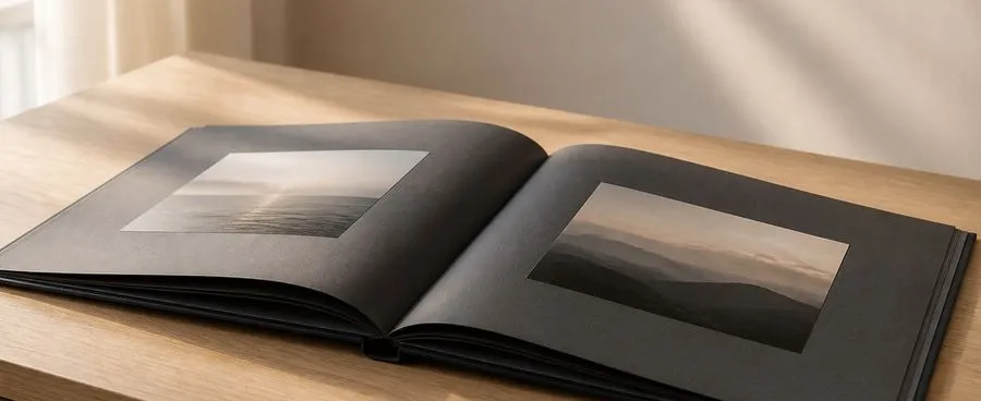 An open Artifact Uprising wedding album with matte, archival-weight pages on a sunlit console table.