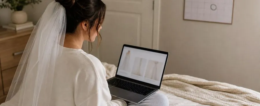 Bride-to-be researching an online wedding dress order on a laptop, with a wedding-date calendar circled on the wall behind her.