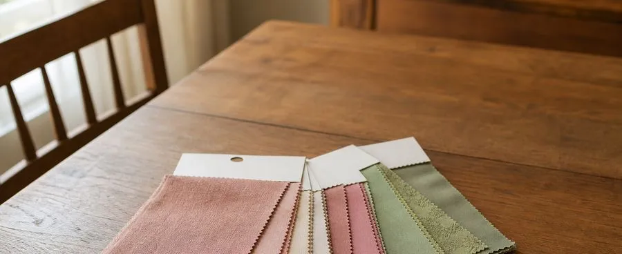 Fabric swatch cards for Azazie bridesmaid dresses fanned out on a table beside a tape measure.