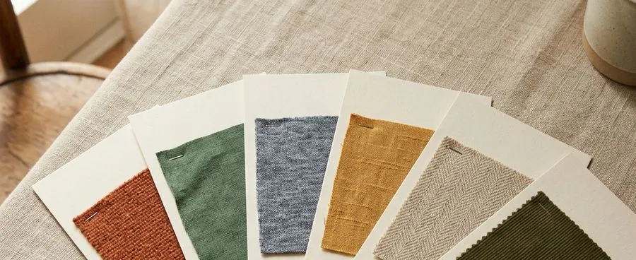 Fabric swatch cards fanned out across a table, representing the swatch-first ordering process shared by these bridesmaid dress brands.