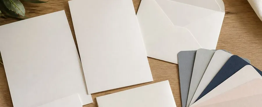 A wedding invitation suite with several color swatches fanned beside it on a wood table.