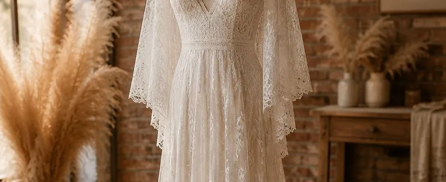A bohemian-style lace wedding gown with loose sleeves displayed in a sunlit boutique interior.