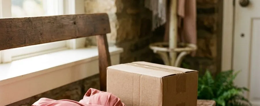 A ready-to-ship bridesmaid dress and a delivery box on an entryway bench, days before a wedding.