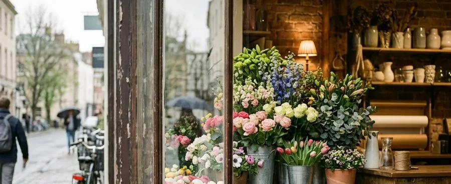 A small florist storefront window filled with fresh flower buckets, seen from the sidewalk.