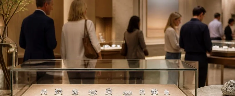 A quiet showroom display case holding loose diamonds under soft light.