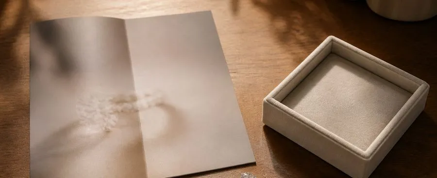 Two soft light sources meeting over a loose diamond between a folded catalog sheet and a ring box lid, representing a side-by-side comparison.