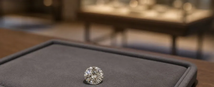 A loose diamond on a velvet display pad in a softly lit showroom setting.