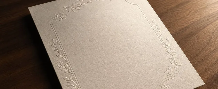 A single engraved wedding invitation on heavy cotton cardstock, showing raised engraving texture in raking light.