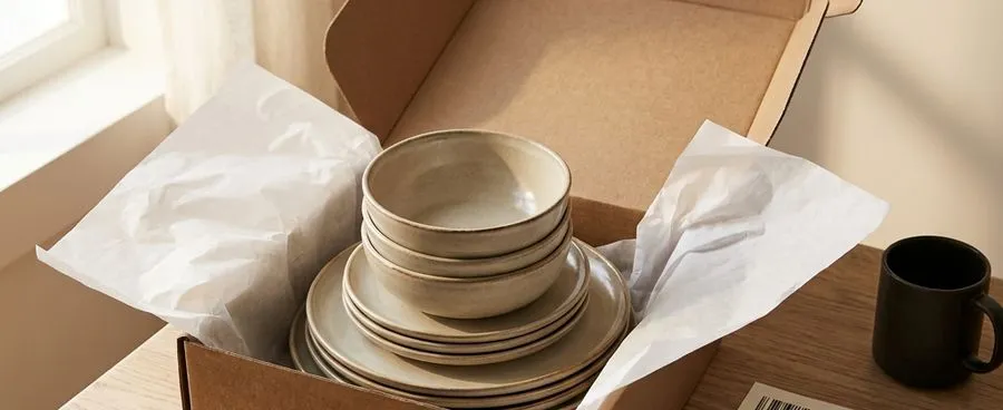 A shipping box with folded tissue paper and ceramic dinnerware sits beside a packing slip with a barcode on a console table.