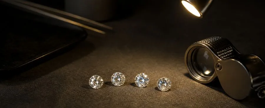 Four loose diamonds arranged beside a jeweler's loupe, compared side by side under warm light.