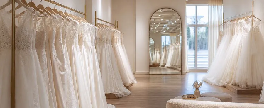 A quiet bridal boutique sales floor with white gowns on garment racks before opening.