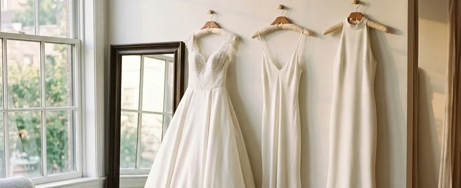 Three different wedding gown silhouettes hanging in a bridal boutique fitting room, representing three gown-buying routes with in-person service.