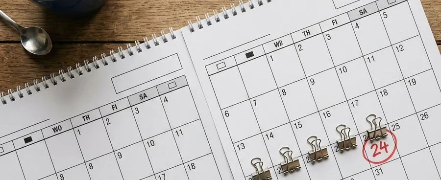 A wall calendar with dates marked backward from a circled wedding date