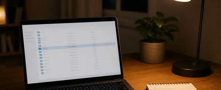 A laptop showing a bare software directory listing beside a mostly blank notepad, illustrating how little independent information exists about DeskWedding.