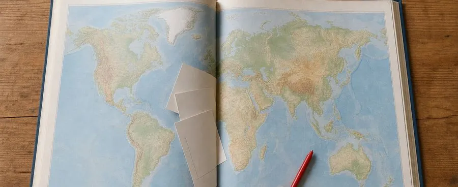 An open world atlas with a red pen and blank postcards tucked into the spread