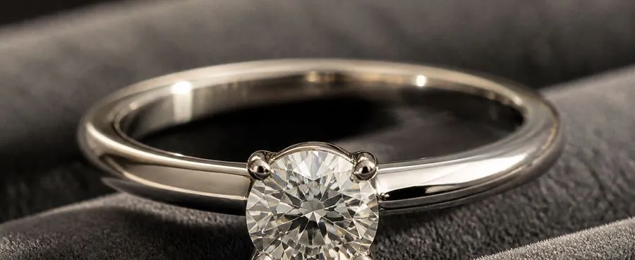 Close-up of a solitaire engagement ring on a velvet display pad.