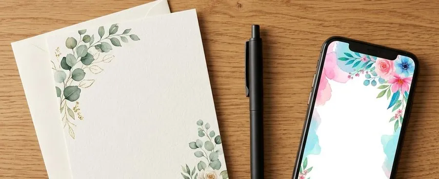 A printed wedding invitation beside a phone showing a digital invitation design