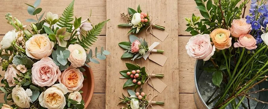 Three ways to buy wedding flowers: a florist arrangement, a la carte pieces, and loose wholesale stems
