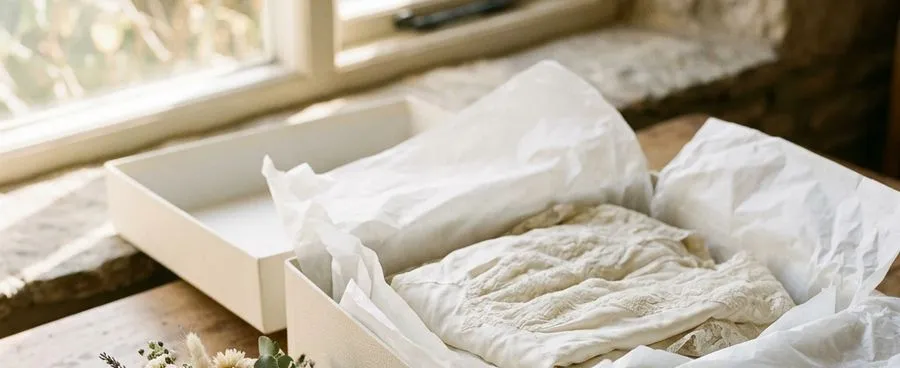 An open archival preservation box with a folded wedding gown in tissue paper, a dried bouquet resting beside it on a table.
