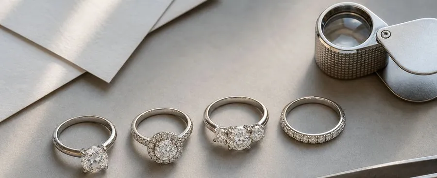Four engagement rings in different setting styles laid out beside a jeweler's loupe and tweezers.