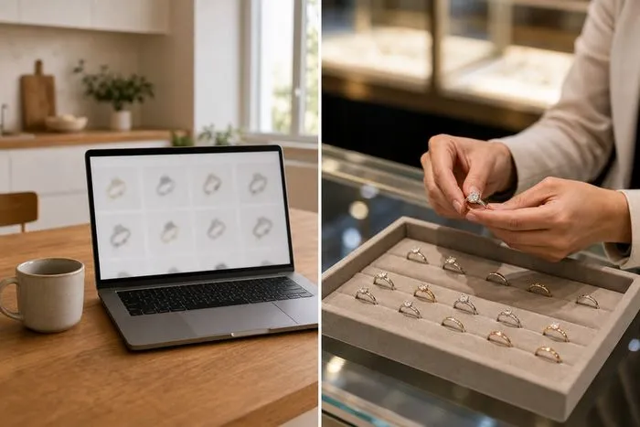 Split scene comparing shopping for rings on a laptop at home with viewing rings at a lit jewelry store counter.