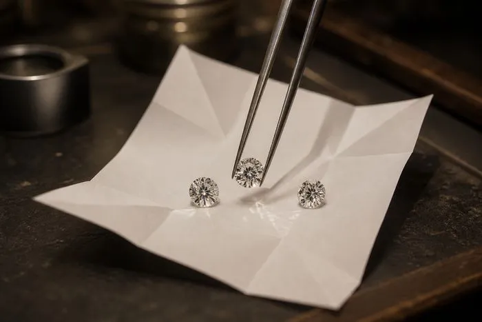 Three similar-looking loose colorless round stones on white gemologist paper with tweezers lifting the middle one.