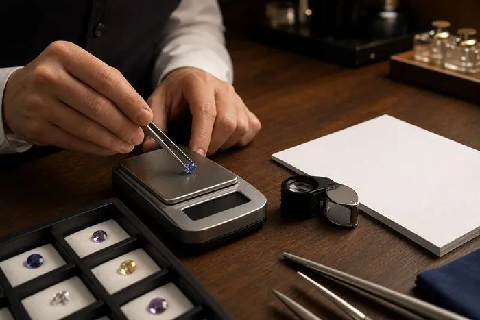 Hands placing a loose diamond onto a small digital scale at a gemologist's workbench beside a loupe.