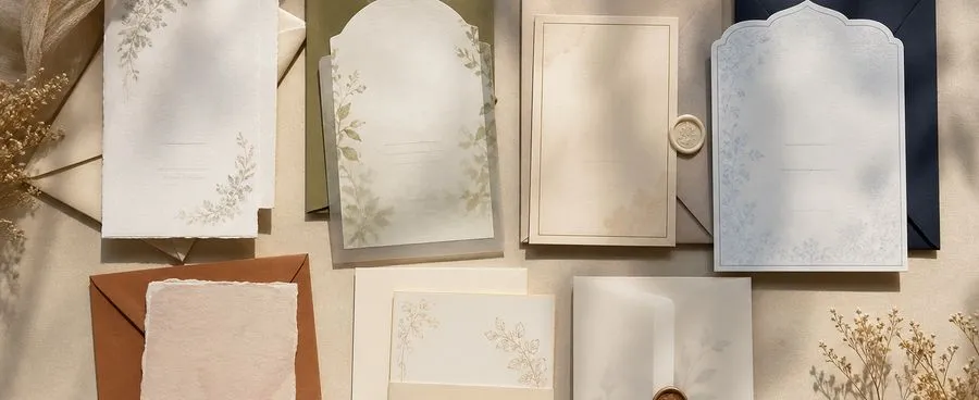 Several visibly different wedding invitation suites from different independent makers, laid out side by side.
