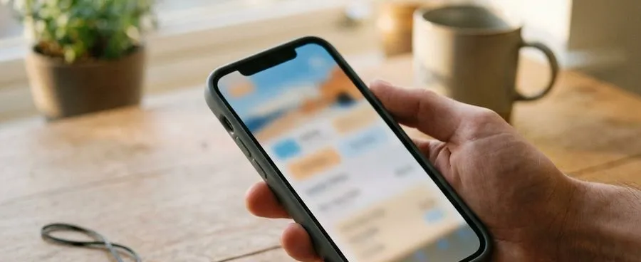 A smartphone shows a blurred travel-booking checkout screen beside a paper luggage tag.