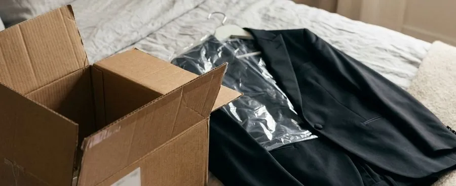 A Generation Tux rental delivered at home, laid out next to a phone open to a self-measurement guide.