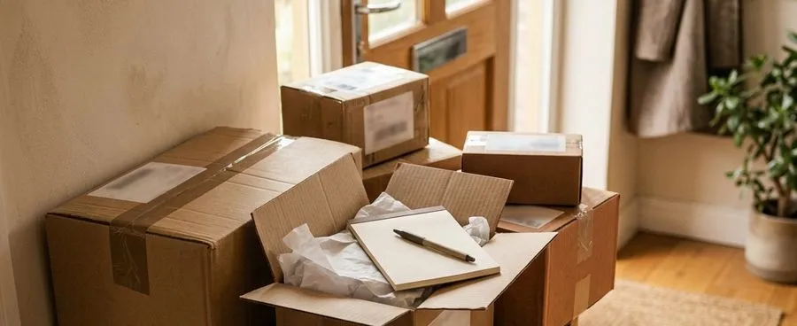 Wedding gift boxes piling up on an entryway table next to a notepad for tracking who sent what.