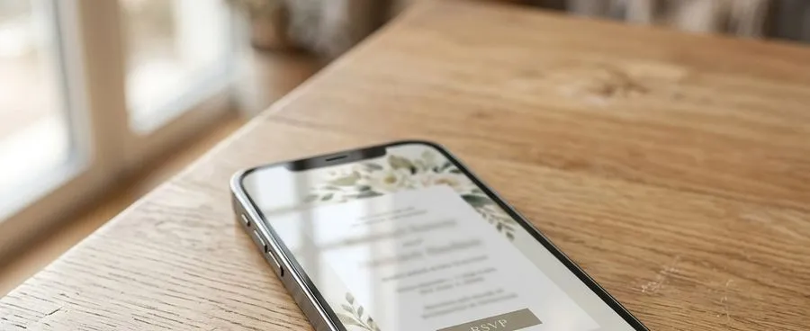A smartphone displaying a digital wedding invitation with an RSVP button, resting on a wooden table.