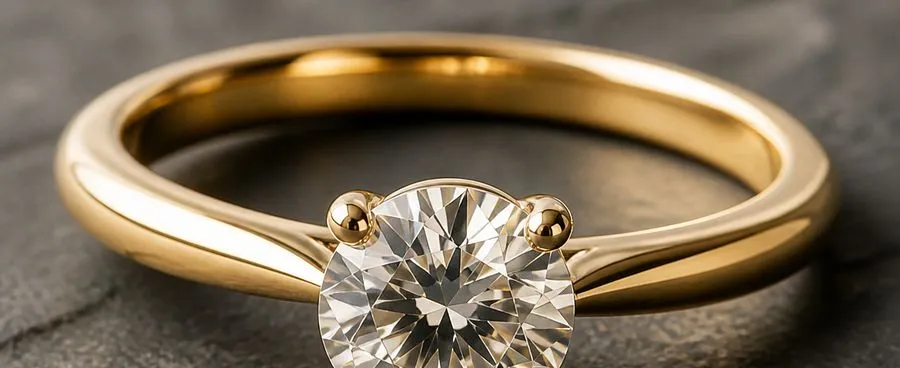 A lab-grown diamond solitaire ring on a dark stone surface.