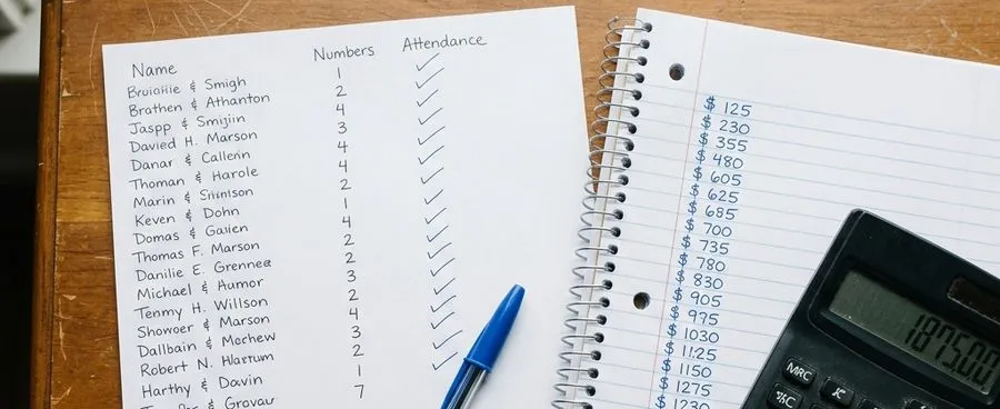 A printed wedding guest list with a hand-tallied per-guest cost running total