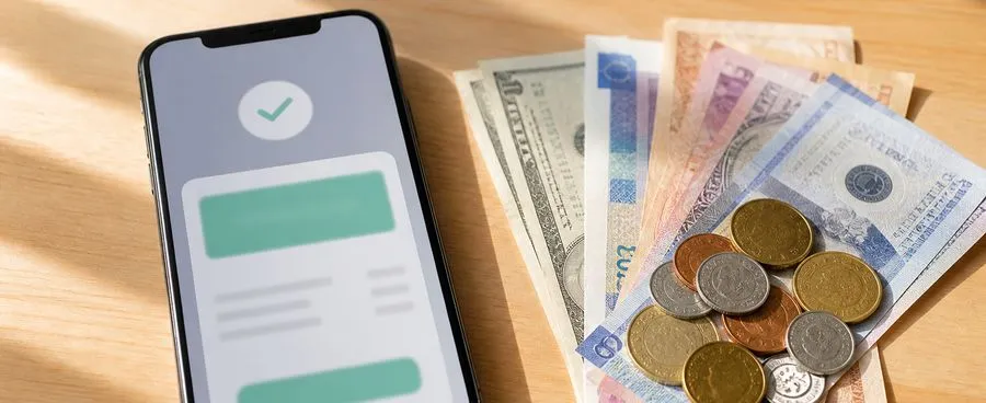 Smartphone showing a cash-gift confirmation screen beside a loose fan of assorted currency notes and coins.