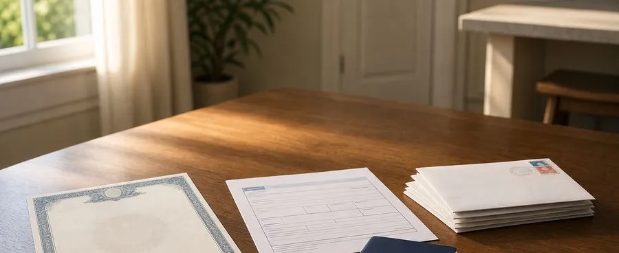 A marriage certificate, Social Security form, and passport laid out on a table for a name change after marriage.