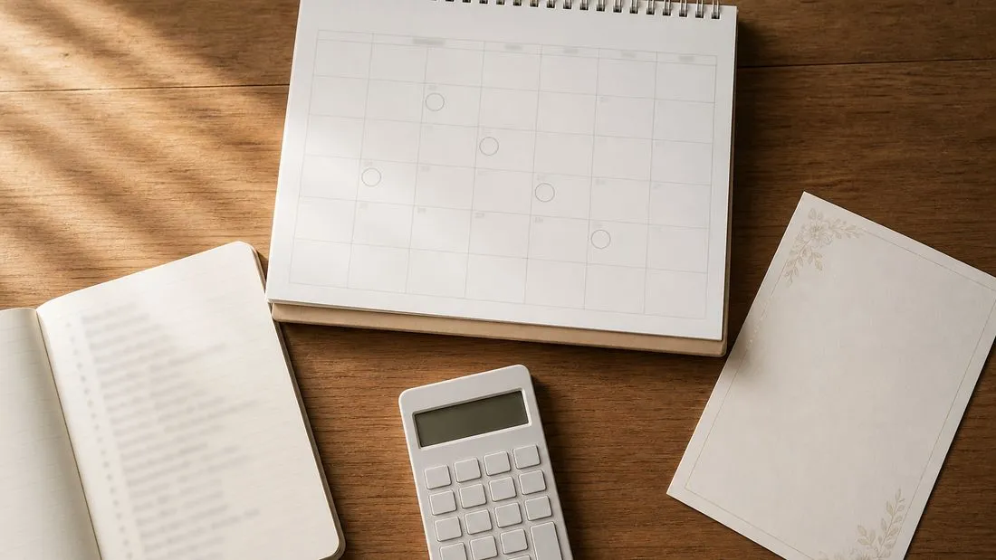 A desk calendar, notebook, calculator and wedding invitation laid out together, representing the sequence of wedding-planning decisions.