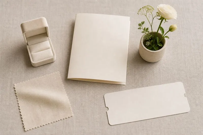 Assorted wedding-planning objects - a ring box, invitation, flower stem, garment swatch and travel card - spread out separately.