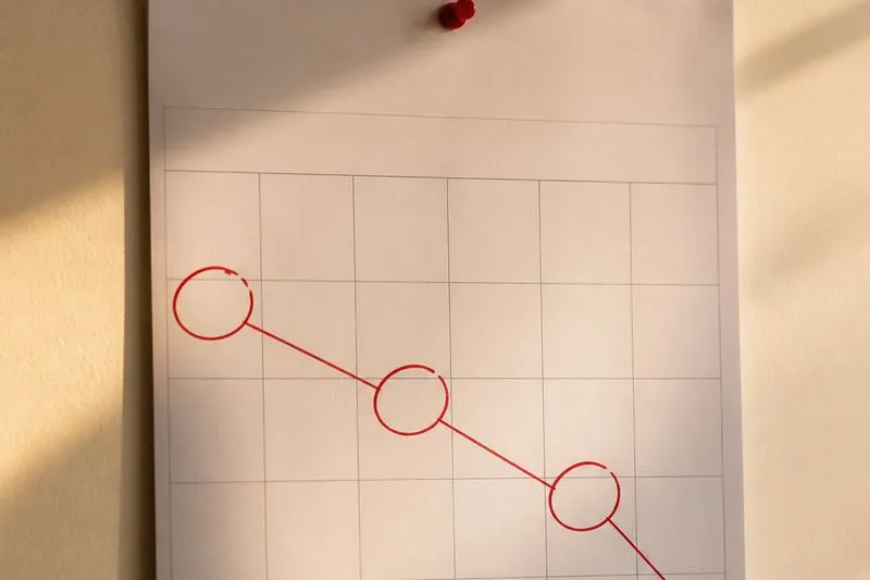 A wall calendar with several dates circled in red and connected by string, showing how wedding deadlines cascade.