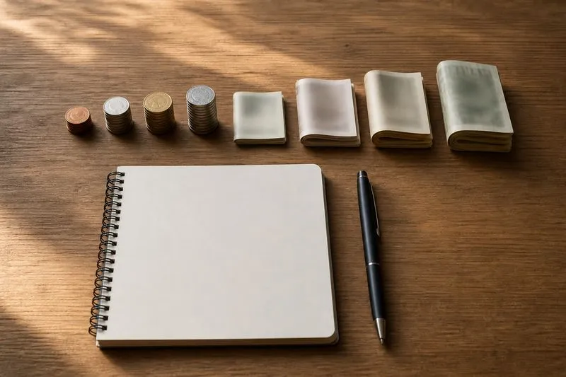 Small stacks of coins and folded cash of varying heights next to a notepad, representing a wedding budget split by category.