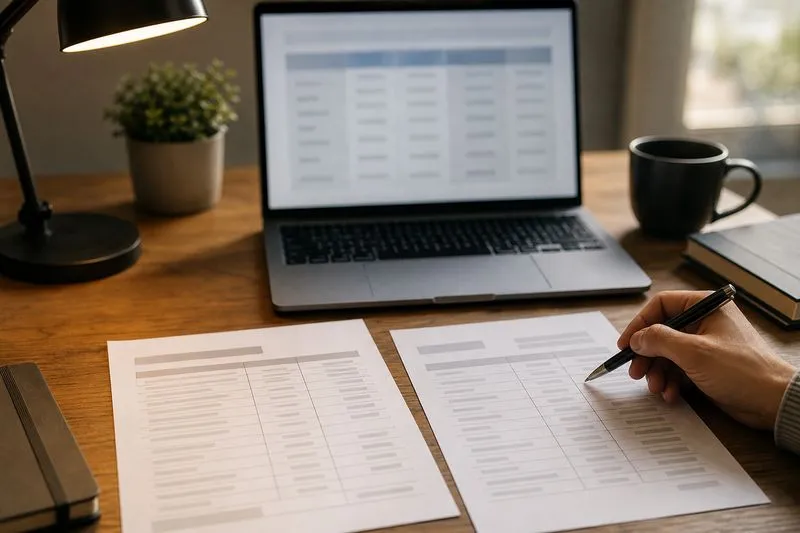 Two printed vendor quotes compared side by side with a laptop showing a comparison table in the background.